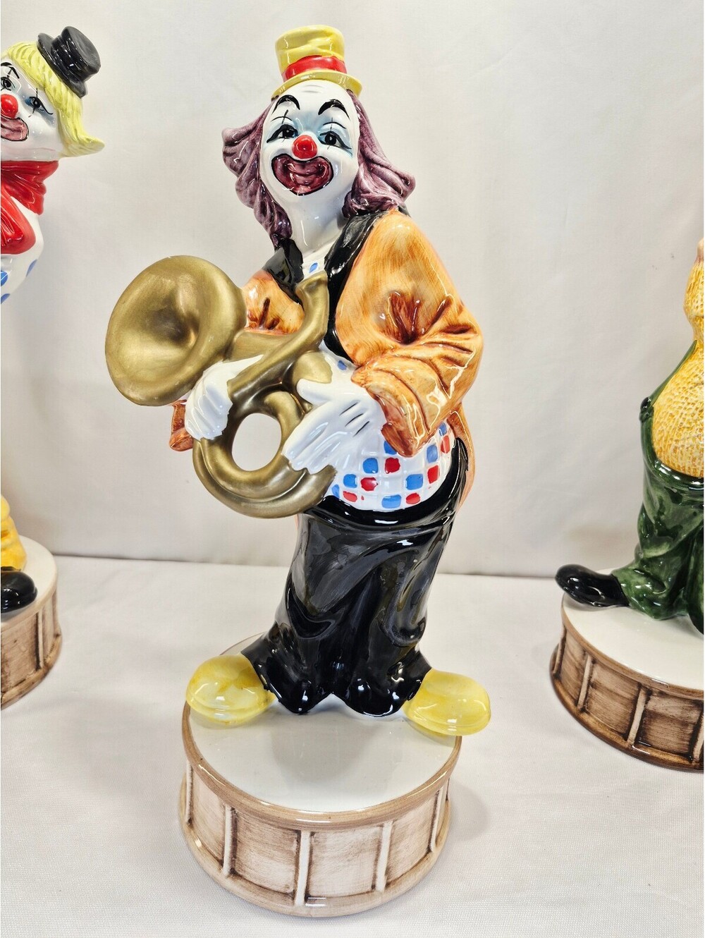 Vintage CAPODIMONTE Clown with Tuba and Yellow Hat & Shoes 17" tall